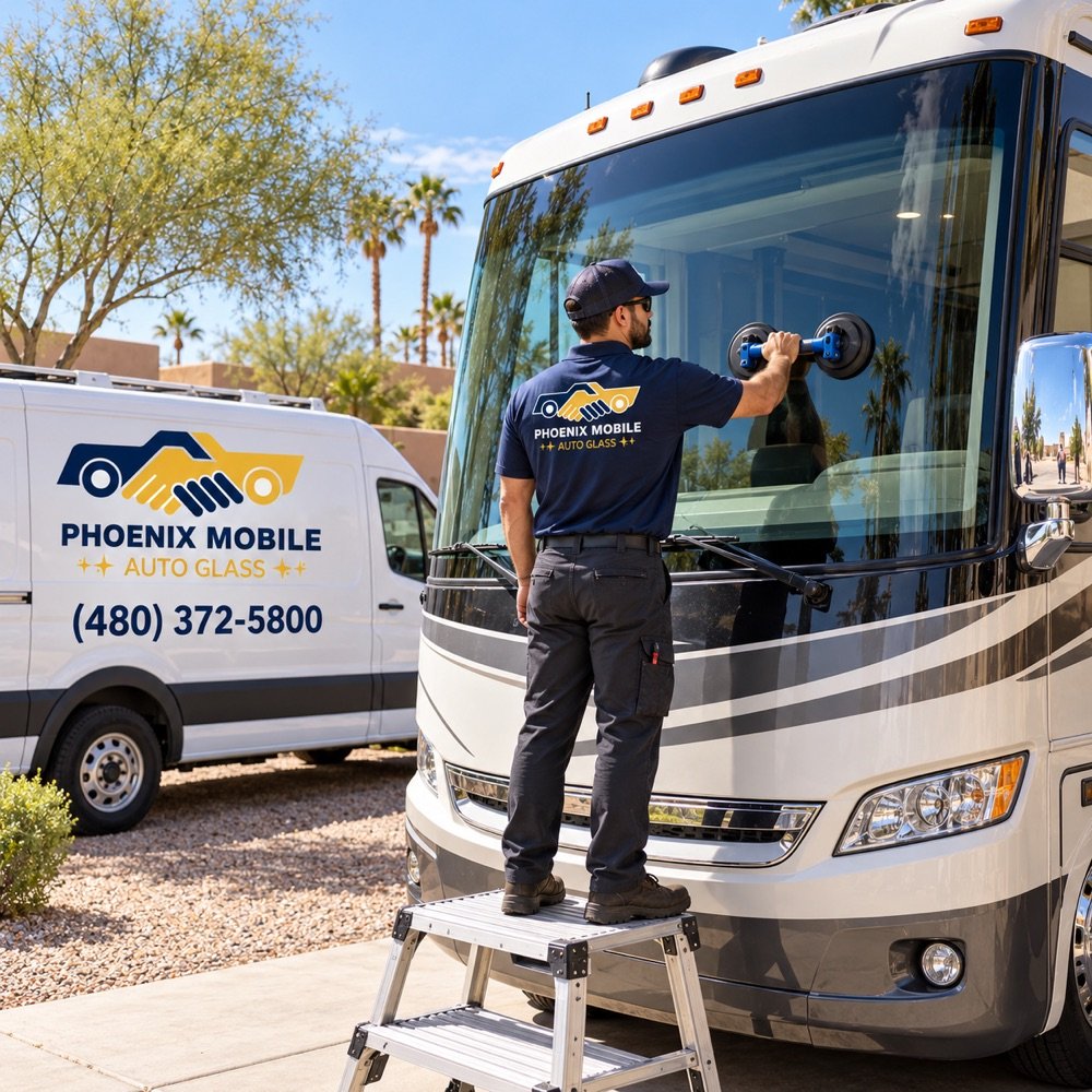 Phoenix Mobile Auto Glass technician fitting a windshield on a Class A motorhome in Phoenix, AZ