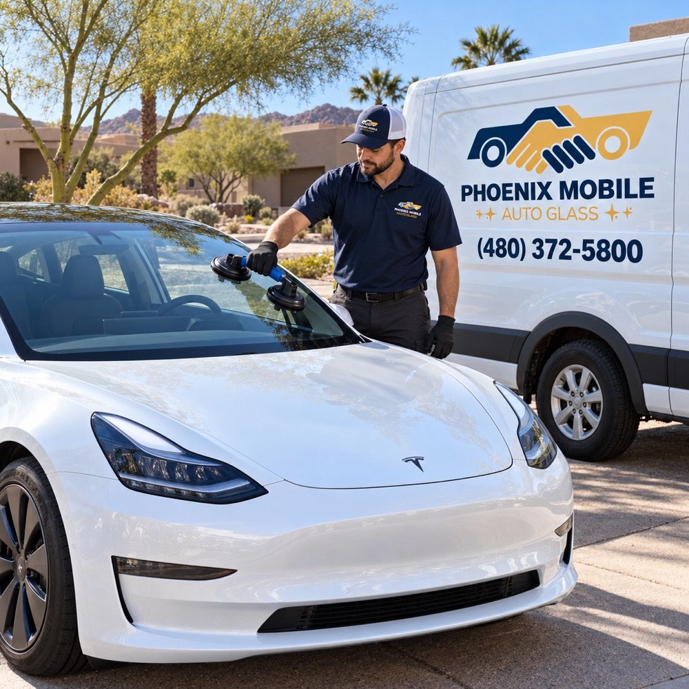Phoenix Mobile Auto Glass technician working on a Tesla windshield in Phoenix, AZ